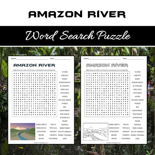 Amazon River Word Search Puzzle Worksheet PDF