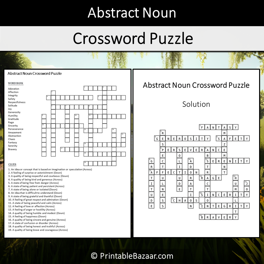 Abstract Noun Crossword Puzzle Worksheet Activity Printable PDF