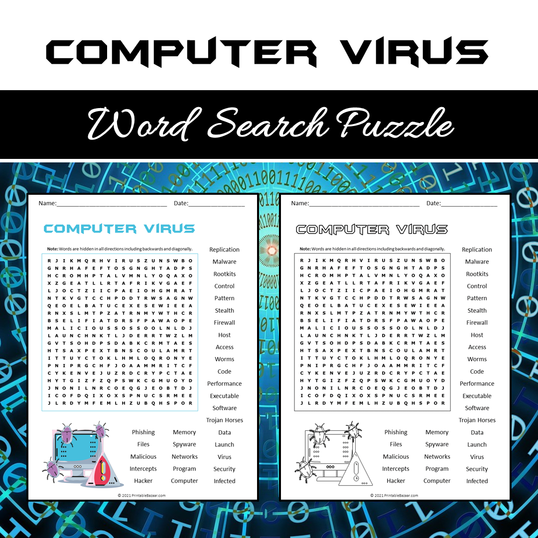 Computer Virus Word Search Puzzle Worksheet PDF
