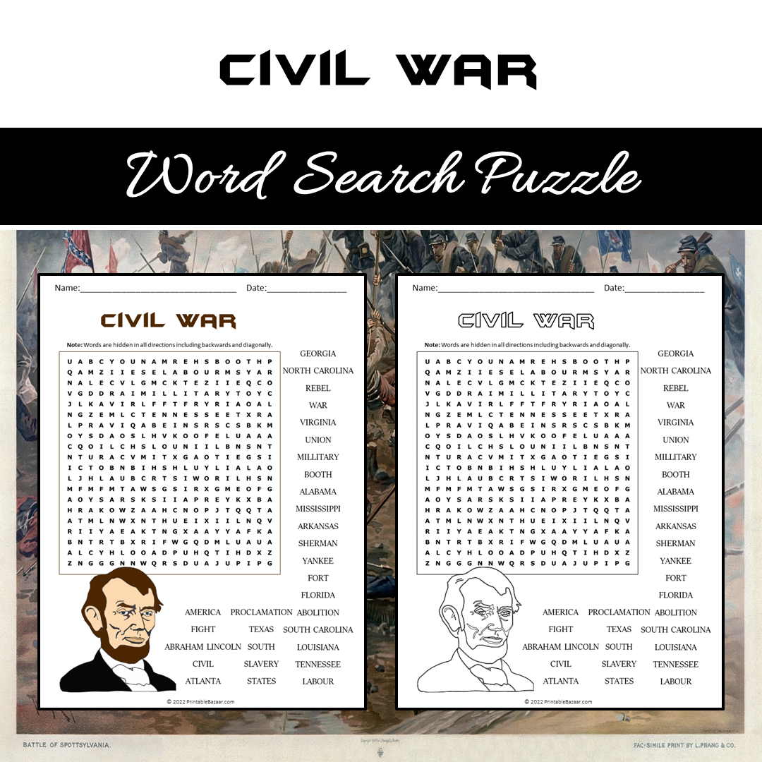 Civil War Word Search Puzzle Worksheet PDF - PrintableBazaar