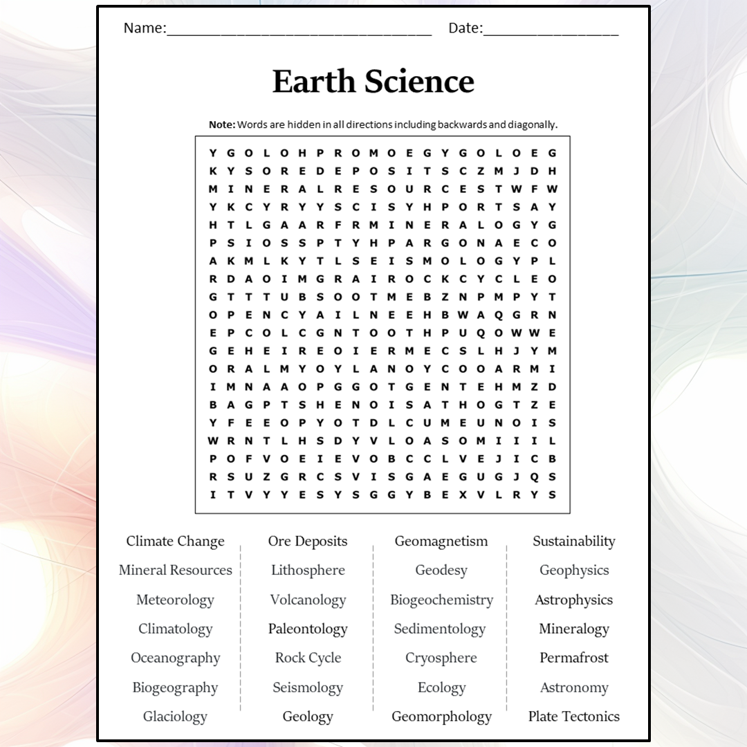 Earth Science Word Search Puzzle Worksheet Activity PDF