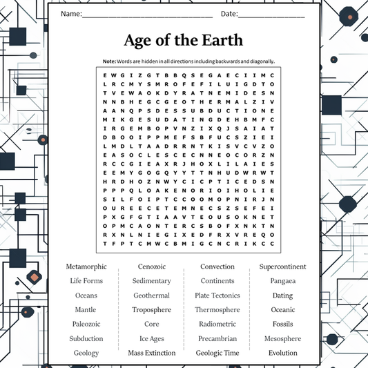 Age Of The Earth Word Search Puzzle Worksheet Activity PDF