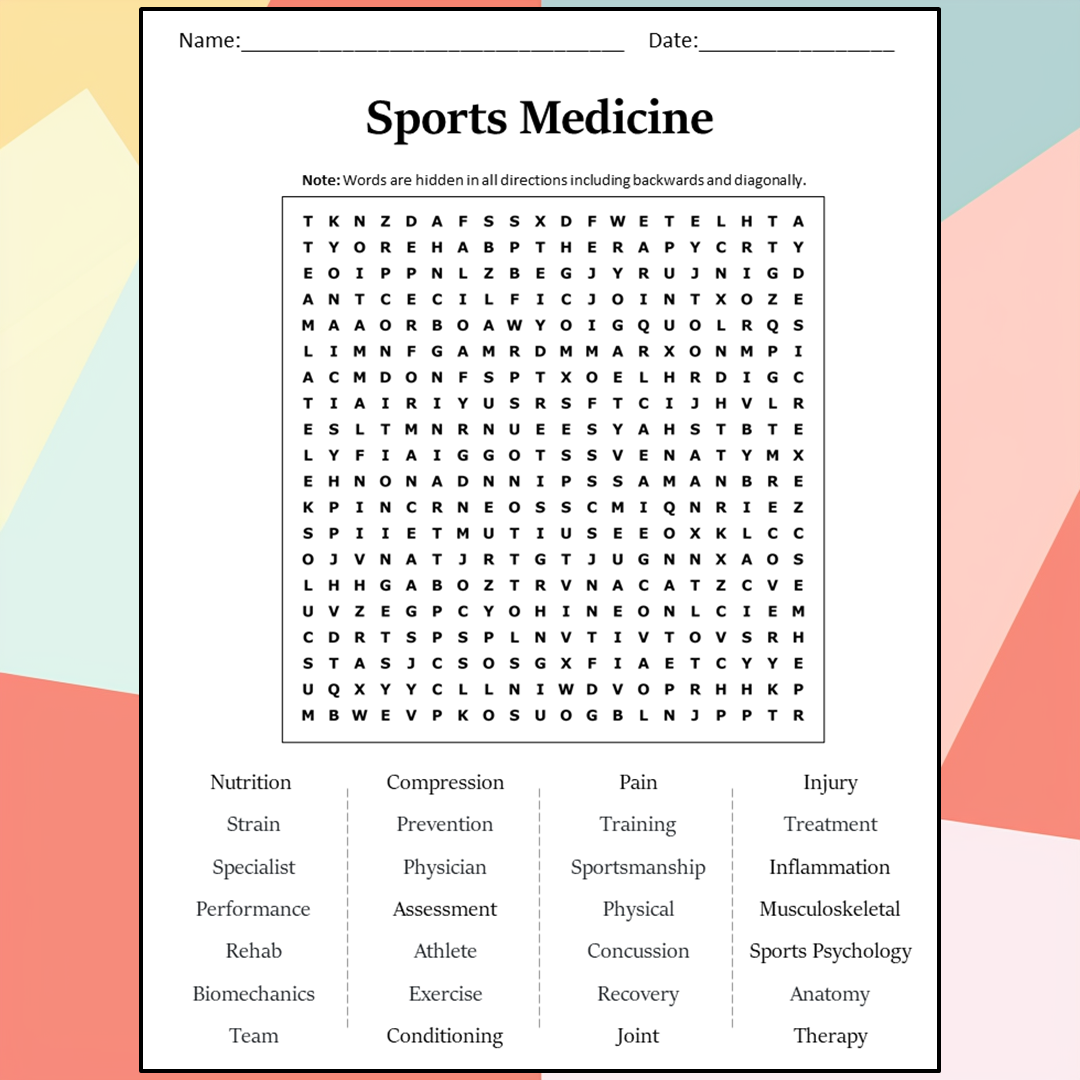 Sports Medicine Word Search Puzzle Worksheet Activity PDF