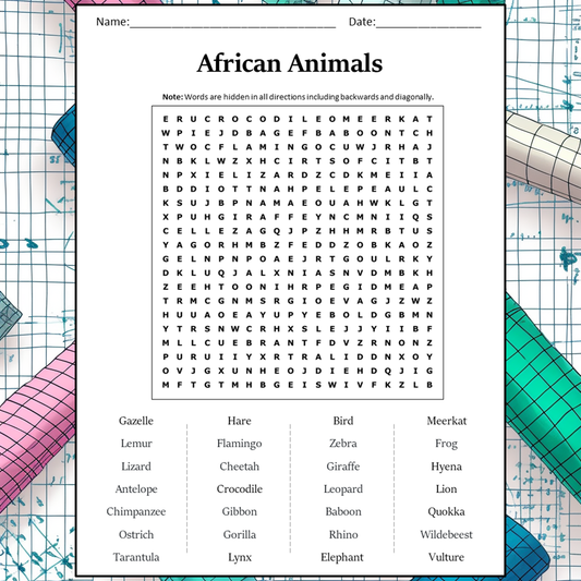 African Animals Word Search Puzzle Worksheet Activity PDF