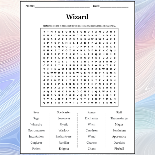 Wizard Word Search Puzzle Worksheet Activity PDF