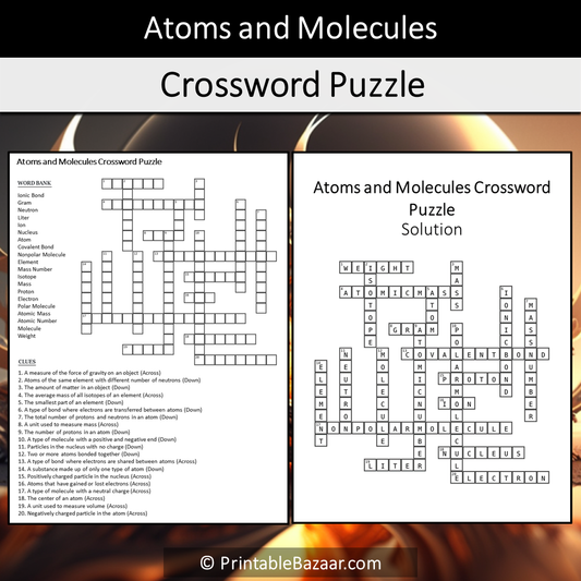 Atoms And Molecules Crossword Puzzle Worksheet Activity Printable PDF
