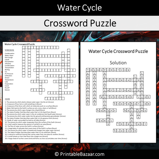 Water Cycle Crossword Puzzle Worksheet Activity Printable PDF