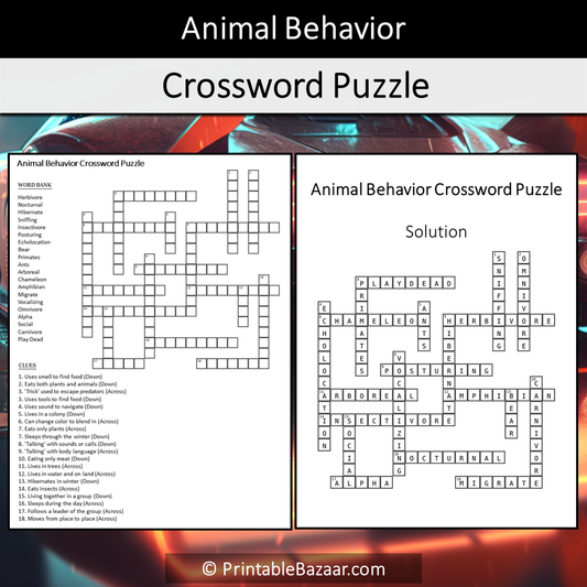 Animal Behavior Crossword Puzzle Worksheet Activity Printable PDF
