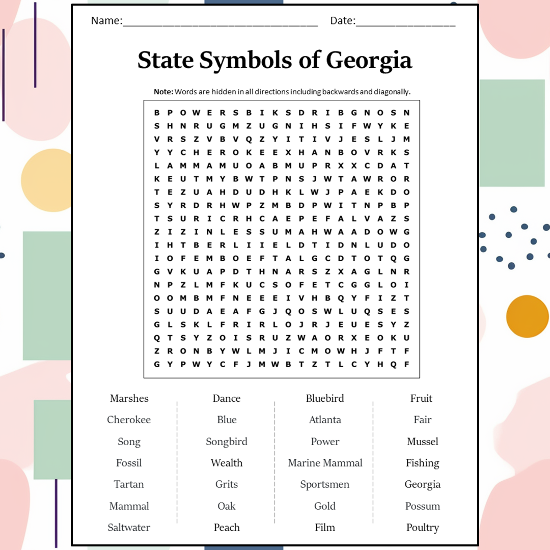 State Symbols Of Georgia Word Search Puzzle Worksheet Activity PDF