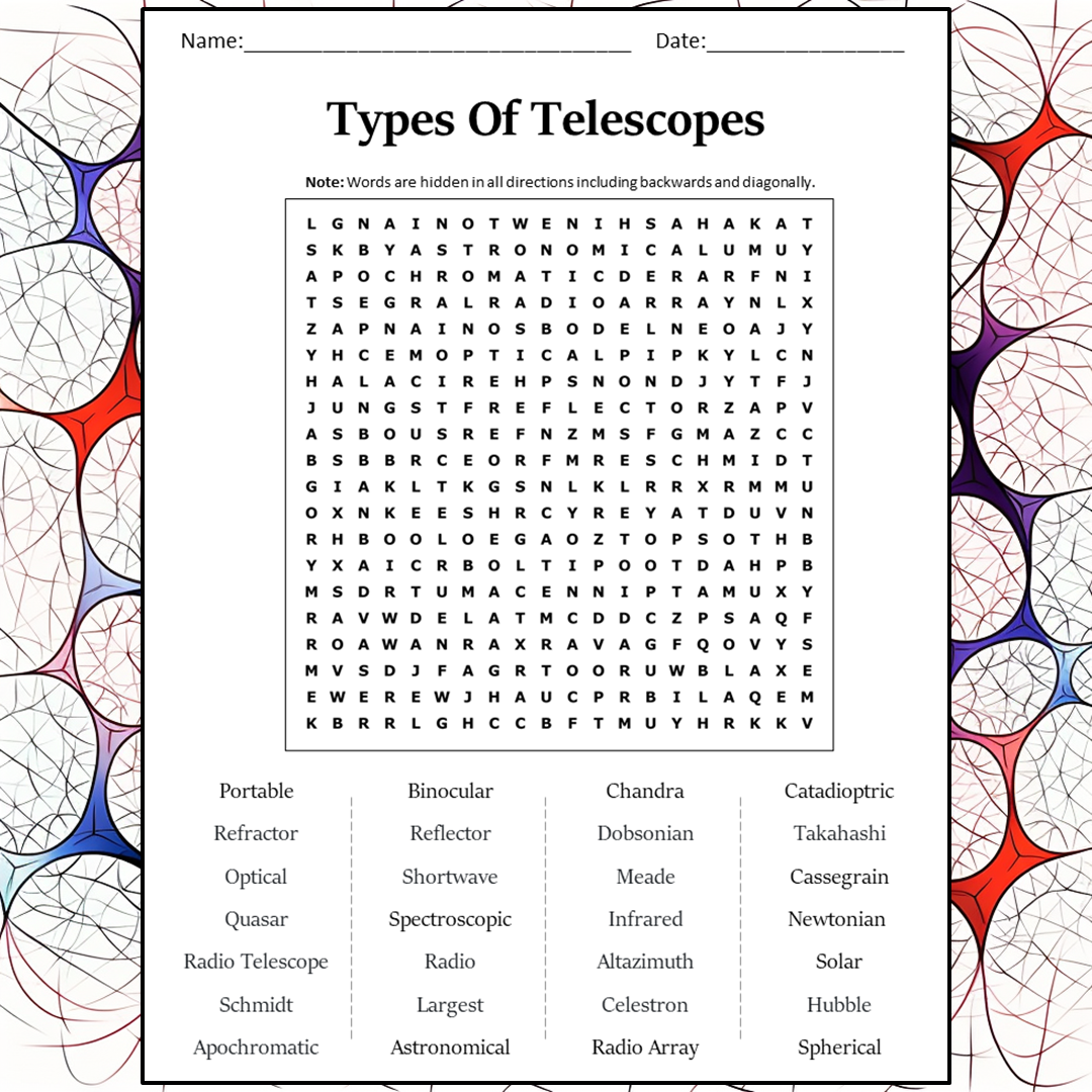 Types Of Telescopes Word Search Puzzle Worksheet Activity PDF