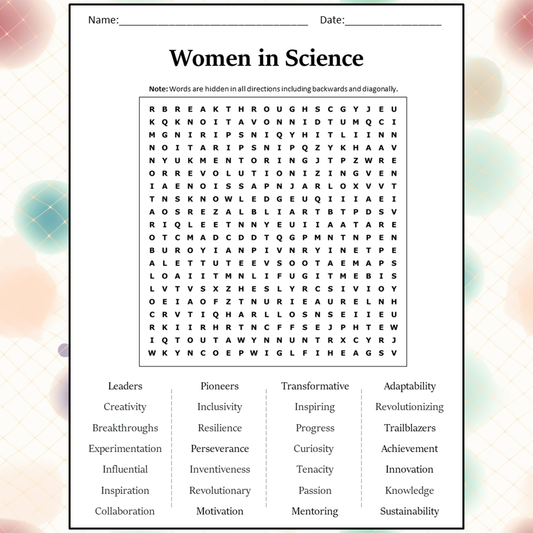 Women In Science Word Search Puzzle Worksheet Activity PDF