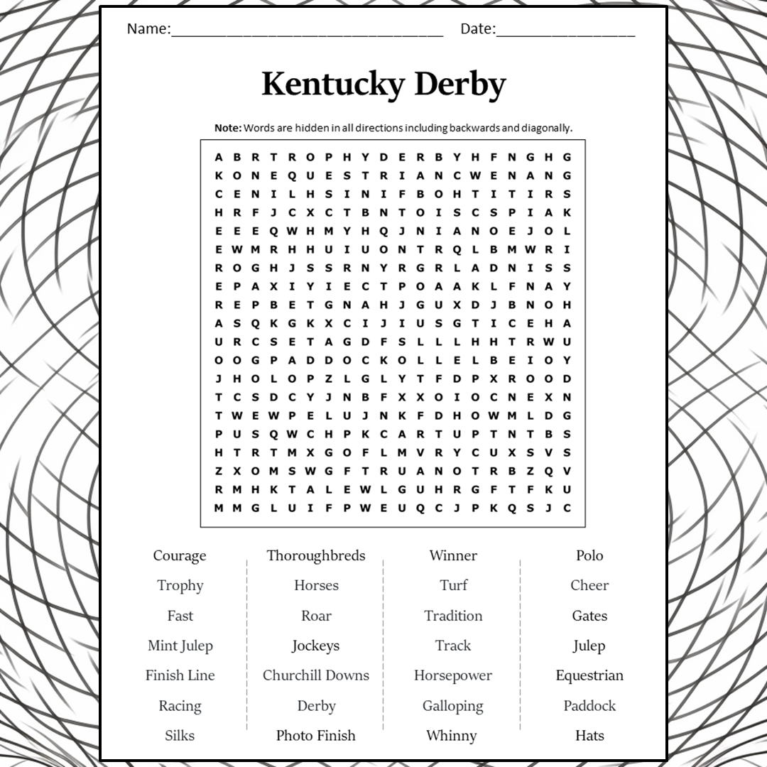 Kentucky Derby Word Search Puzzle Worksheet Activity PDF