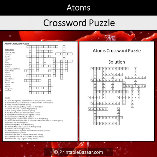 Atoms Crossword Puzzle Worksheet Activity Printable PDF