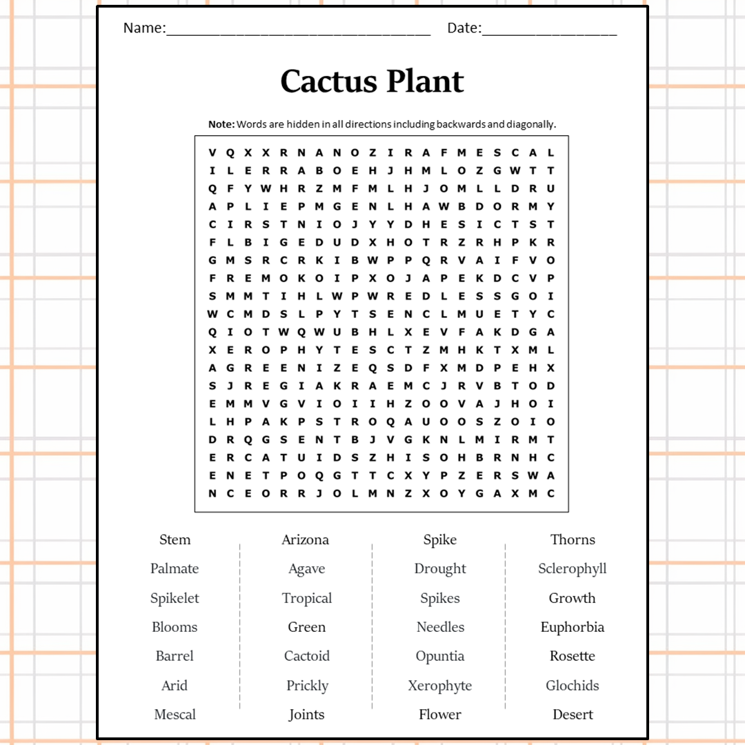 Cactus Plant Word Search Puzzle Worksheet Activity PDF