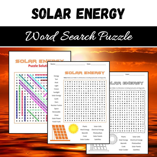 Solar Energy Word Search Puzzle Worksheet PDF