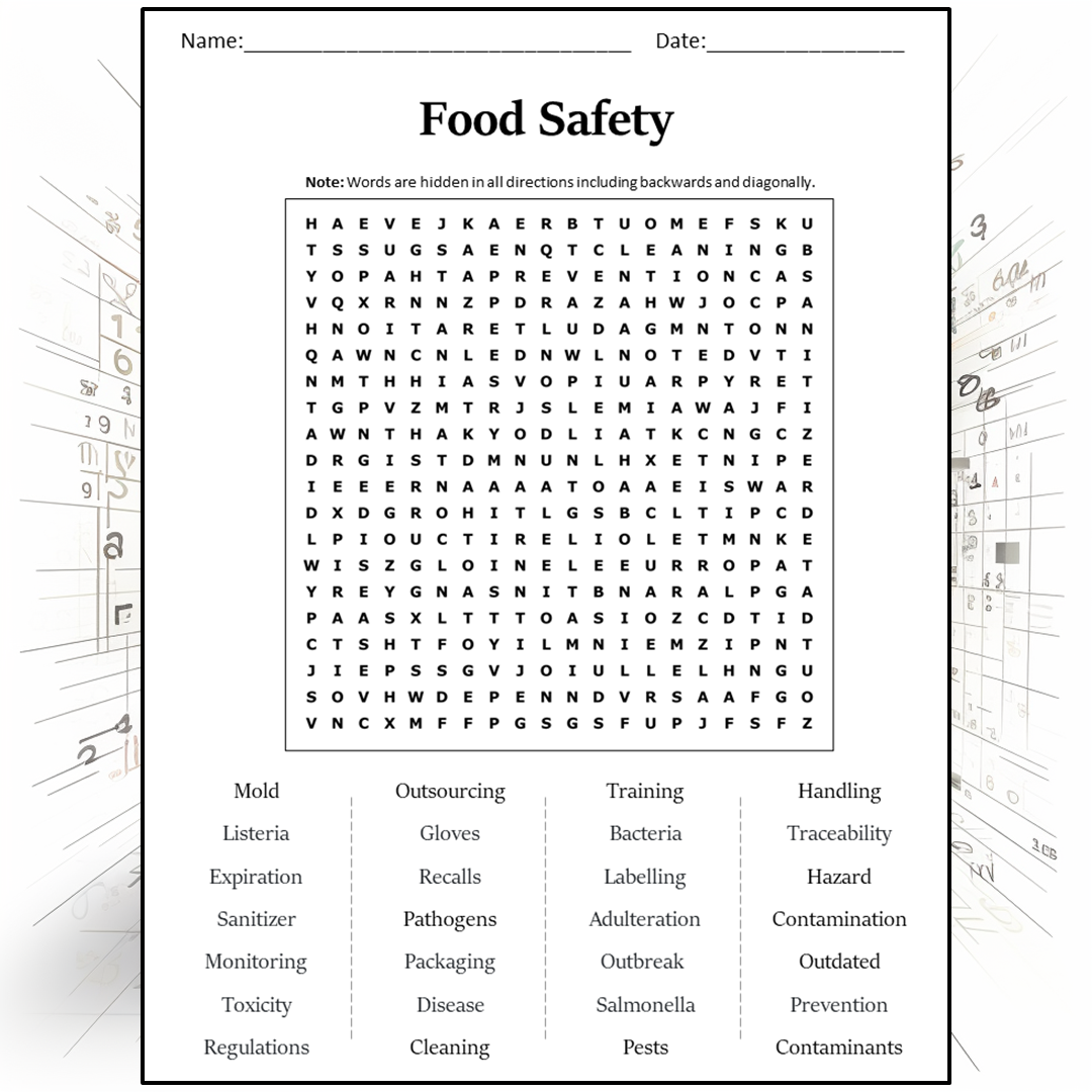 Food Safety Word Search Puzzle Worksheet Activity PDF