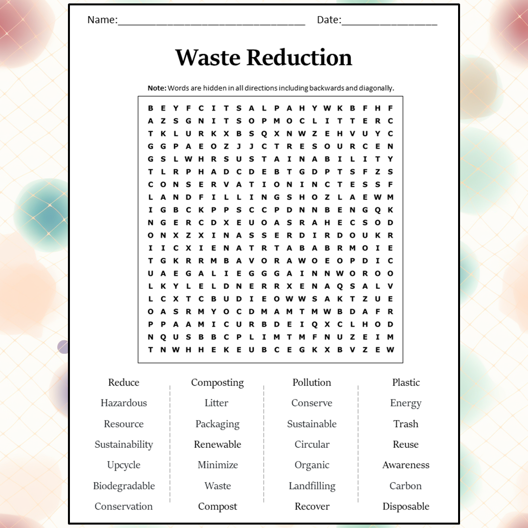 Waste Reduction Word Search Puzzle Worksheet Activity PDF