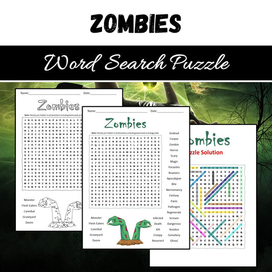Zombies Word Search Puzzle Worksheet PDF