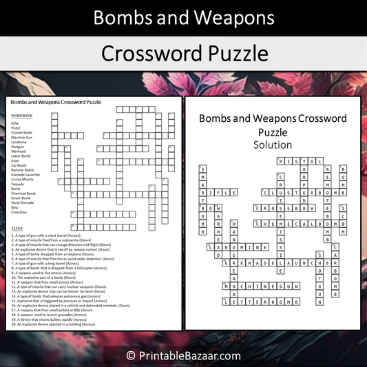 Bombs And Weapons Crossword Puzzle Worksheet Activity Printable PDF