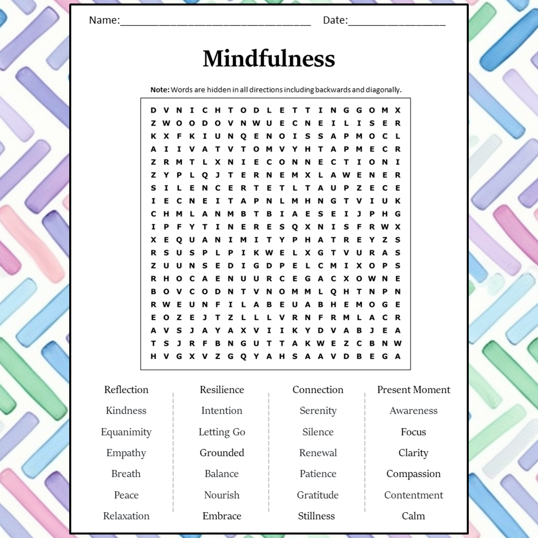 Mindfulness Word Search Puzzle Worksheet Activity PDF PrintableBazaar