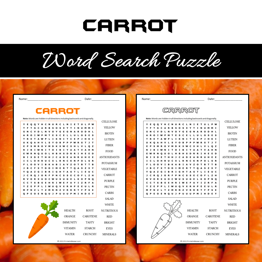 Carrot Word Search Puzzle Worksheet PDF