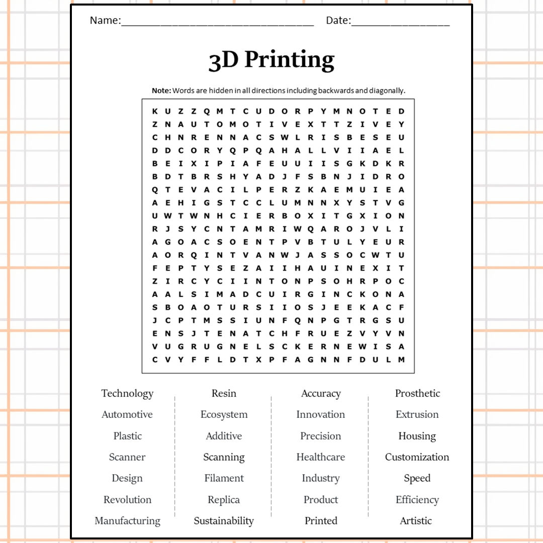 3d Printing Word Search Puzzle Worksheet Activity PDF