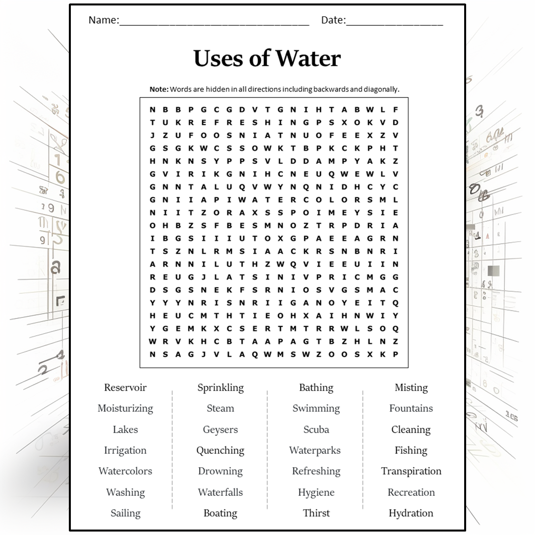 Uses Of Water Word Search Puzzle Worksheet Activity PDF
