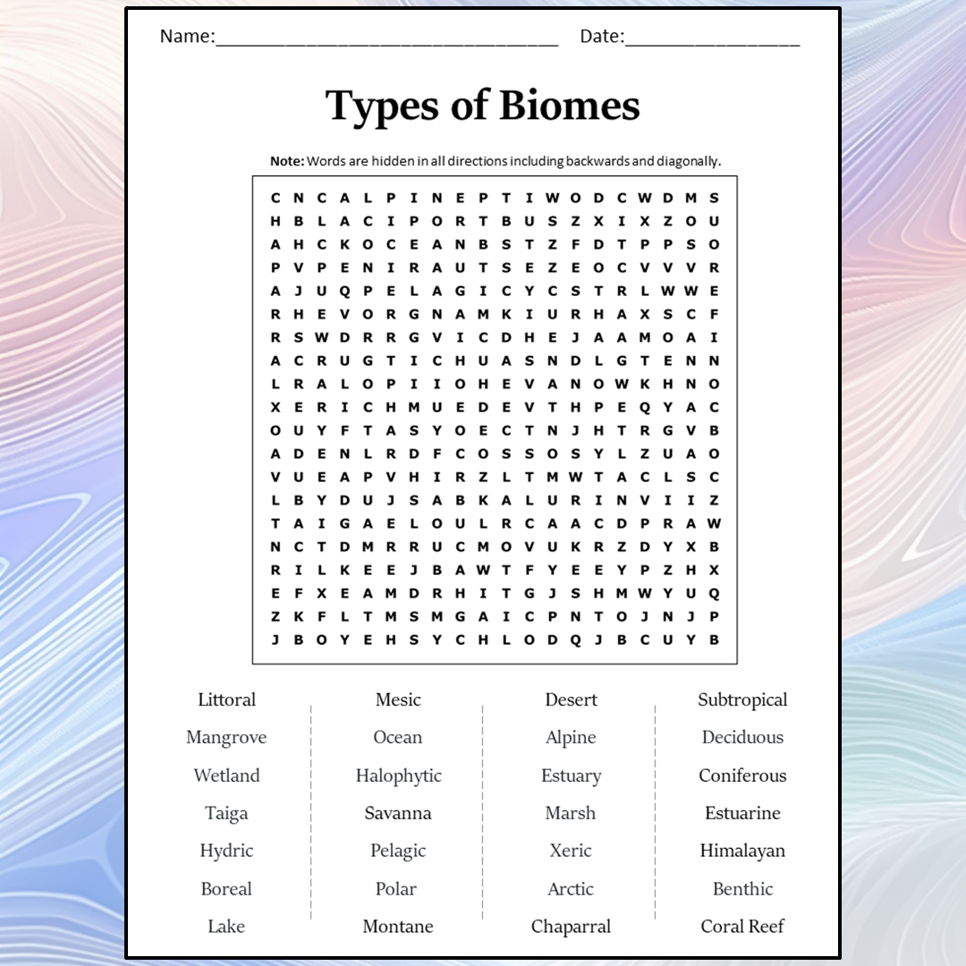 Types Of Biomes Word Search Puzzle Worksheet Activity PDF