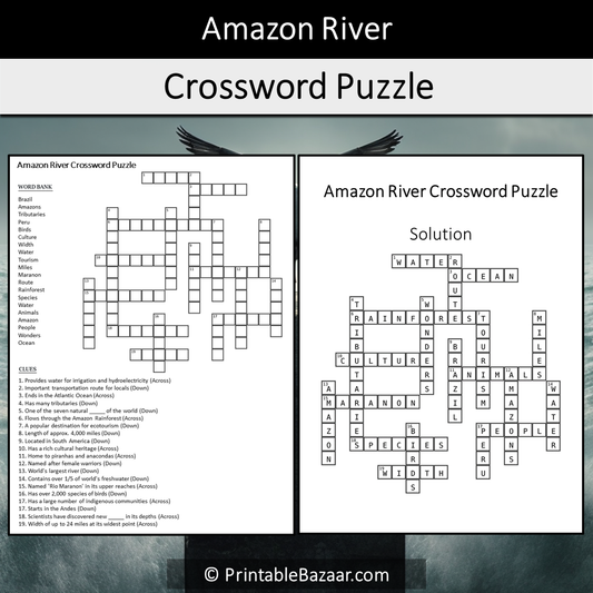 Amazon River Crossword Puzzle Worksheet Activity Printable PDF