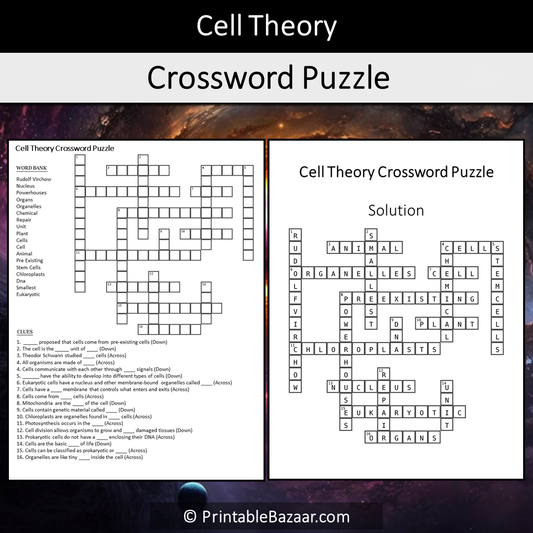 Cell Theory Crossword Puzzle Worksheet Activity Printable PDF