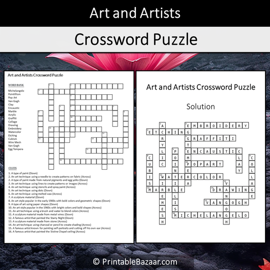Art And Artists Crossword Puzzle Worksheet Activity Printable PDF