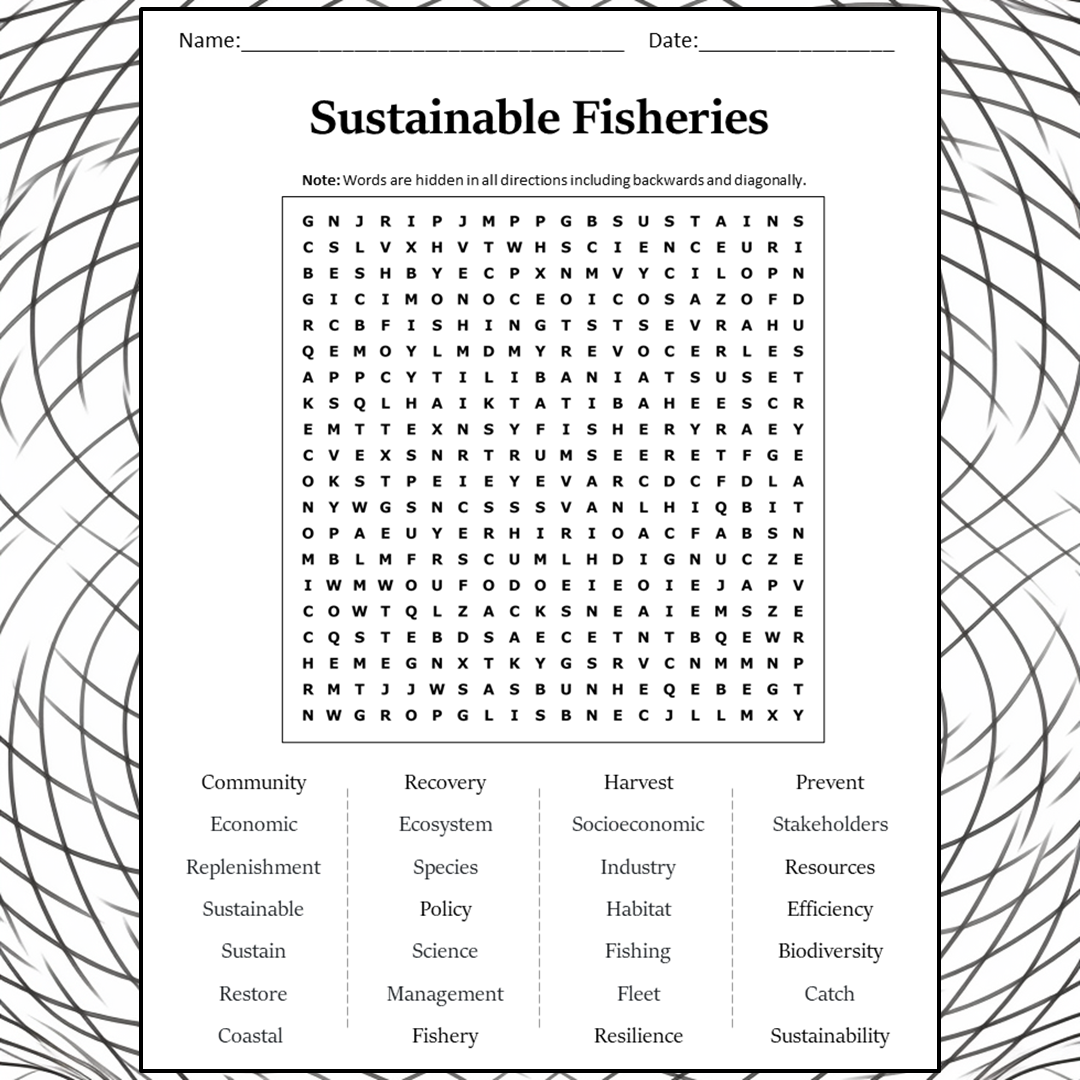 Sustainable Fisheries Word Search Puzzle Worksheet Activity PDF