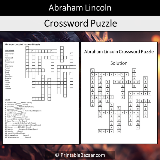 Abraham Lincoln Crossword Puzzle Worksheet Activity Printable PDF