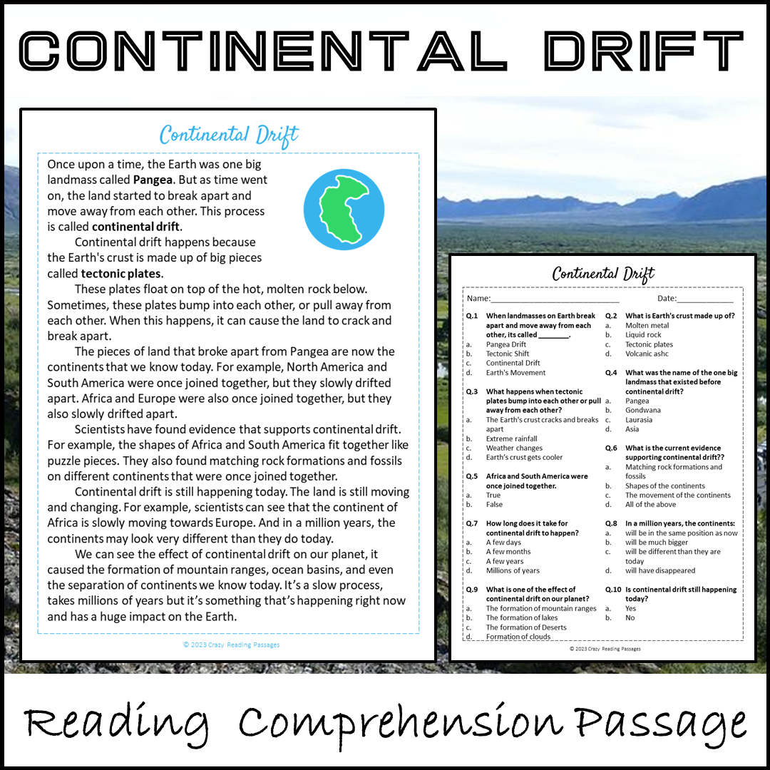 Continental Drift Reading Comprehension Passage and Questions | Printable PDF