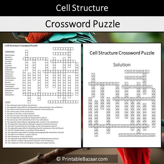 Cell Structure Crossword Puzzle Worksheet Activity Printable PDF