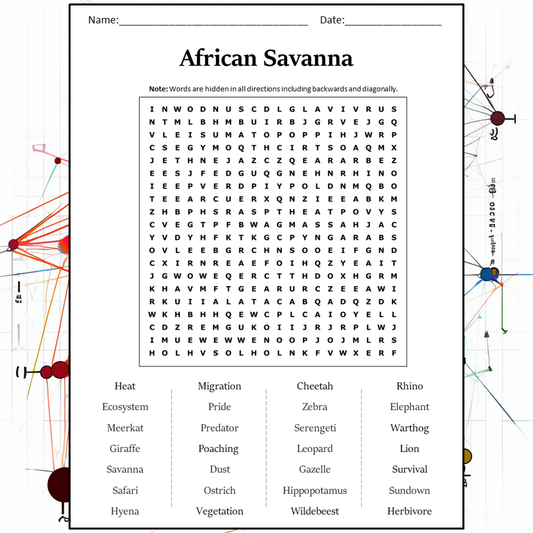 African Savanna Word Search Puzzle Worksheet Activity PDF