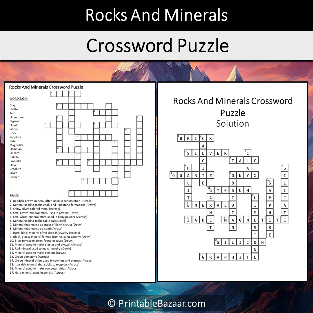 Rocks And Minerals Crossword Puzzle Worksheet Activity Printable PDF