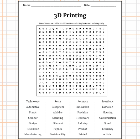 3d Printing Word Search Puzzle Worksheet Activity PDF