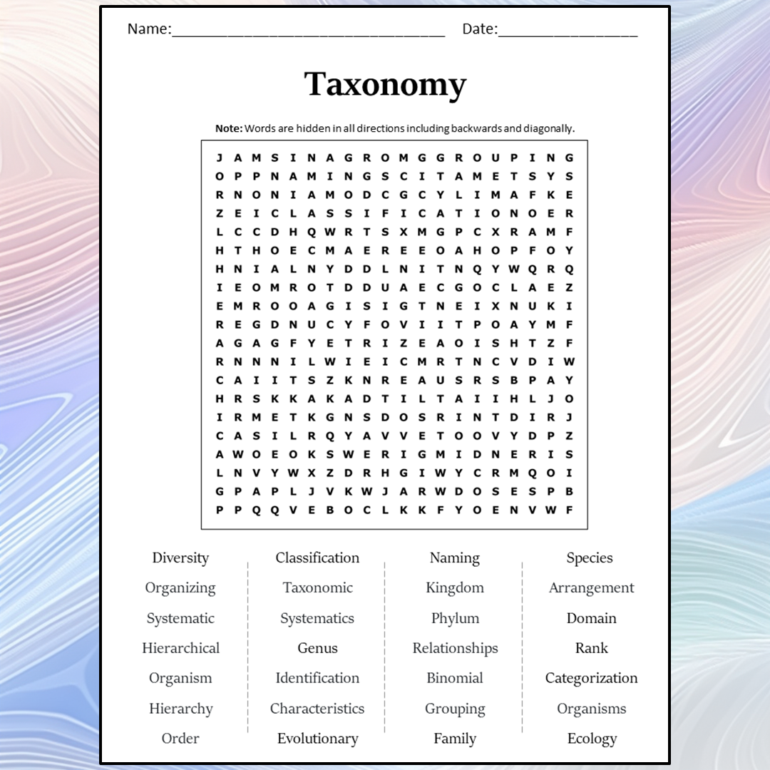 Taxonomy Word Search Puzzle Worksheet Activity PDF