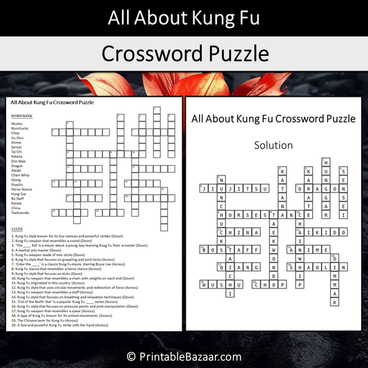 All About Kung Fu Crossword Puzzle Worksheet Activity Printable PDF