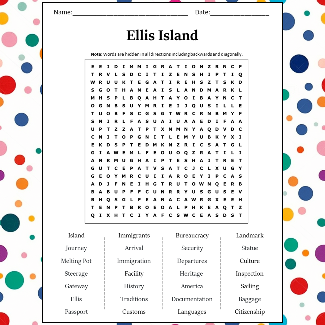 Ellis Island Word Search Puzzle Worksheet Activity PDF