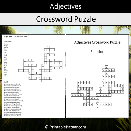 Adjectives Crossword Puzzle Worksheet Activity Printable PDF