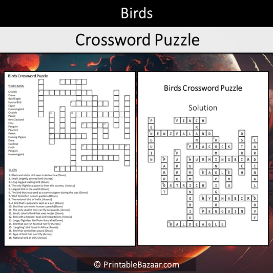 Birds Crossword Puzzle Worksheet Activity Printable PDF
