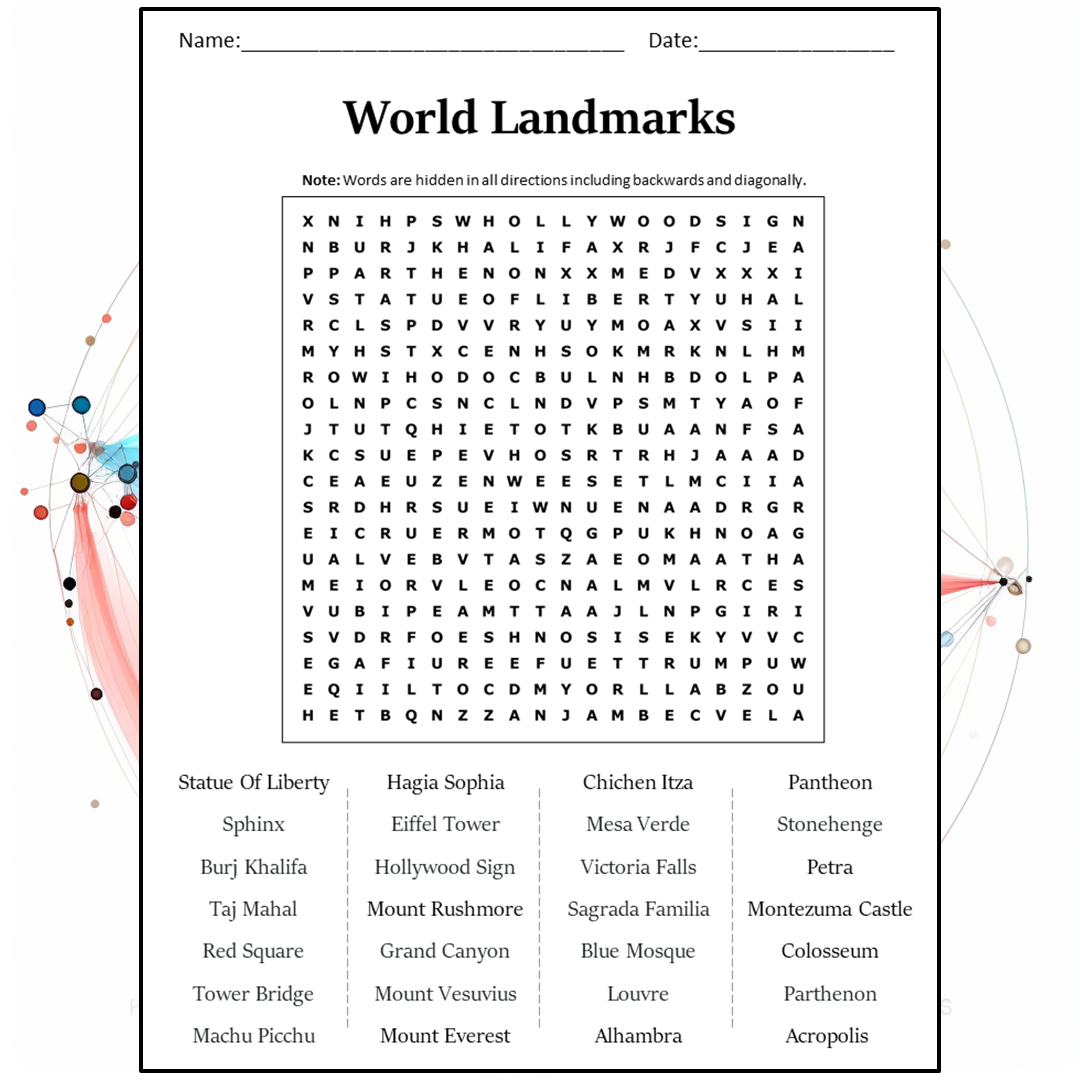 World Landmarks Word Search Puzzle Worksheet Activity PDF