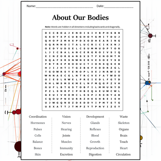 About Our Bodies Word Search Puzzle Worksheet Activity PDF