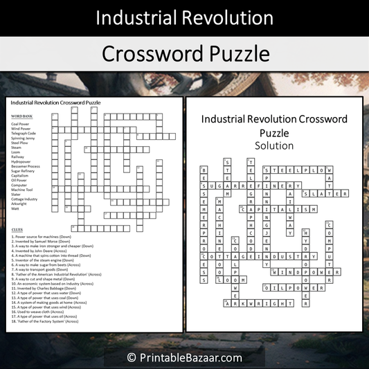 Industrial Revolution Crossword Puzzle Worksheet Activity Printable PDF