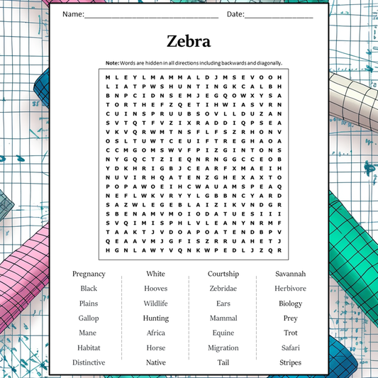 Zebra Word Search Puzzle Worksheet Activity PDF