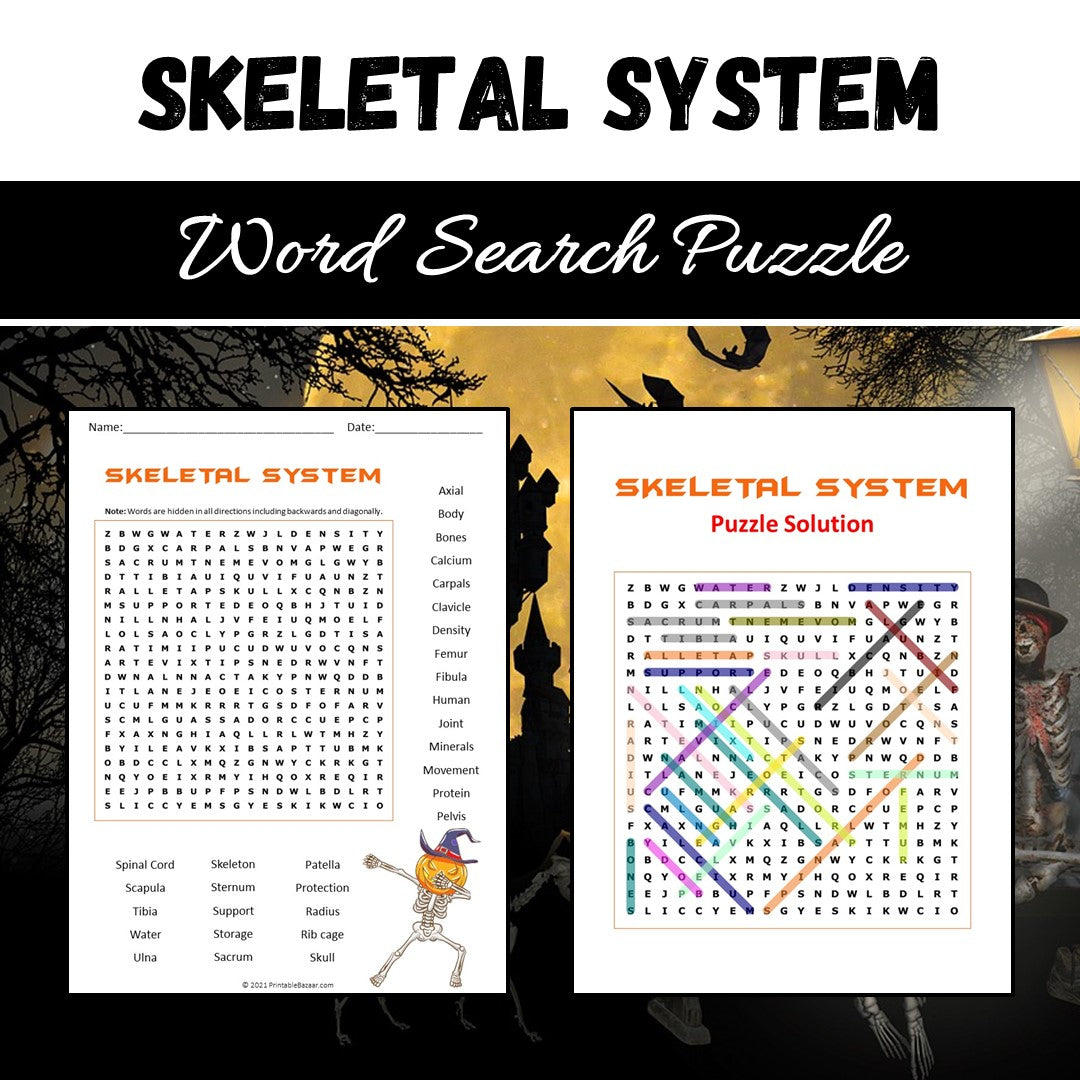 Skeletal System Word Search Puzzle Worksheet PDF