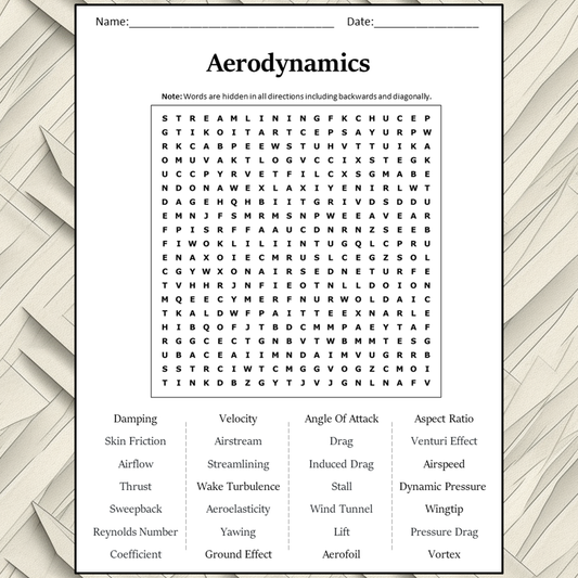 Aerodynamics Word Search Puzzle Worksheet Activity PDF