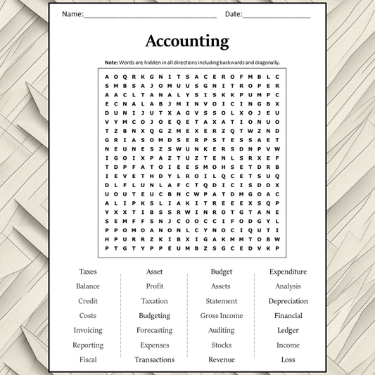 Accounting Word Search Puzzle Worksheet Activity PDF